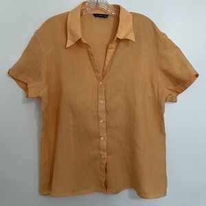 Lands’ End 16 XL Orange 100% Linen Short Sleeve Button Front Blouse Coastal